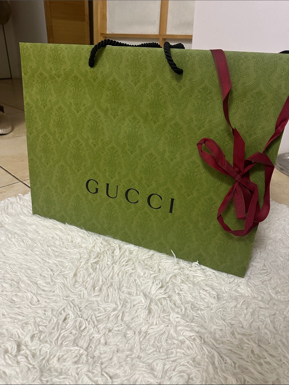 Gucci Green Shopping Bag with Red Ribbon Accent ( size 19” 14” 7 “ )